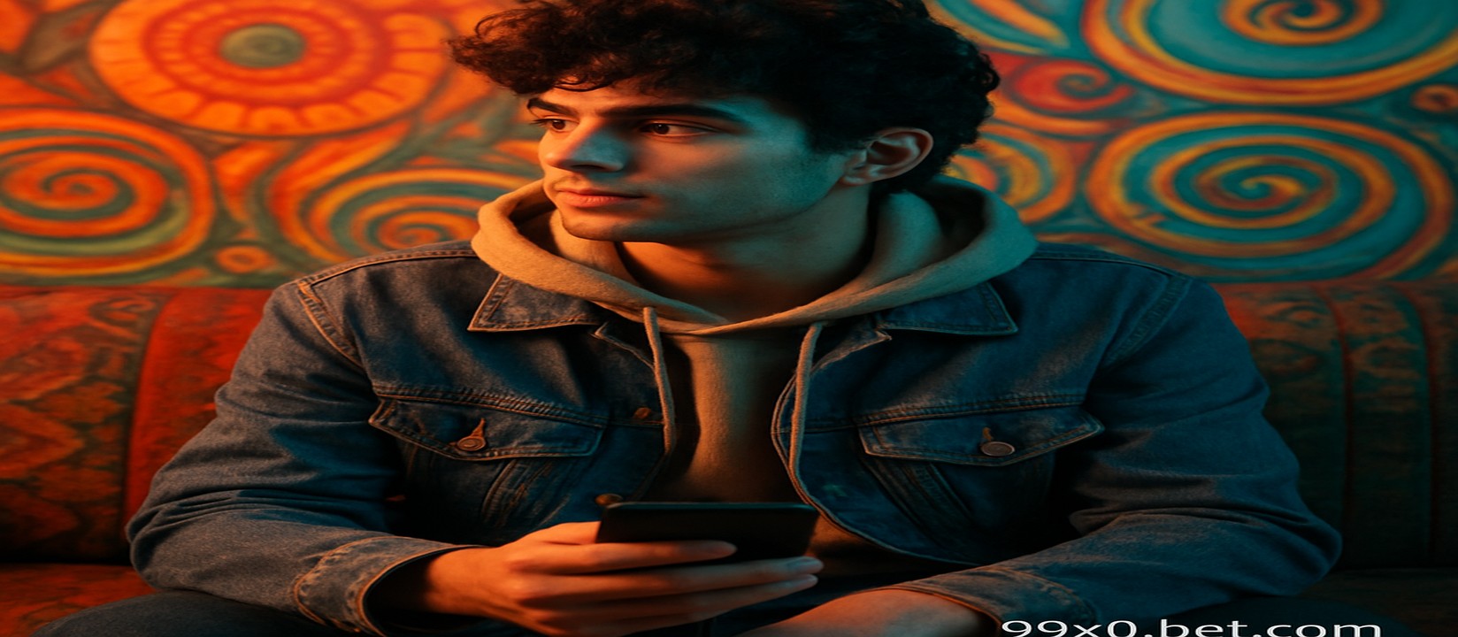 একজন ব্যক্তি সোফায় বসে স্মার্টফোনে 99x0 অ্যাপ ব্যবহার করছেন