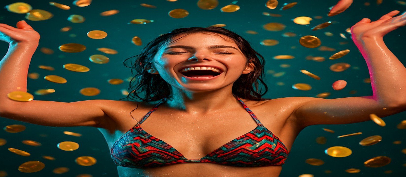 মুদ্রার ঝরনার মাঝে রঙিন পোশাকে এক নারী